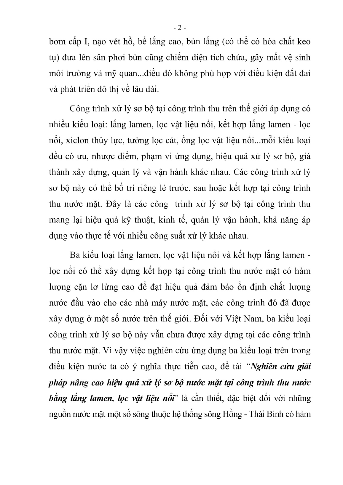 Tóm tắt Luận án Nghiên cứu giải pháp nâng cao hiệu quả xử lý sơ bộ nước mặt tại công trình thu nước bằng lắng lamen, lọc vật liệu nổi trang 5