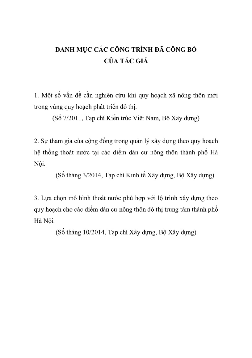 Tóm tắt Luận án Quản lý xây dựng theo quy hoạch hệ thống thoát nước cho các điểm dân cư nông thôn của đô thị trung tâm Thành phố Hà Nội trang 1