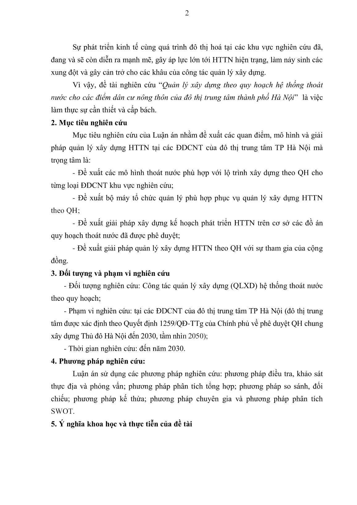 Tóm tắt Luận án Quản lý xây dựng theo quy hoạch hệ thống thoát nước cho các điểm dân cư nông thôn của đô thị trung tâm Thành phố Hà Nội trang 5