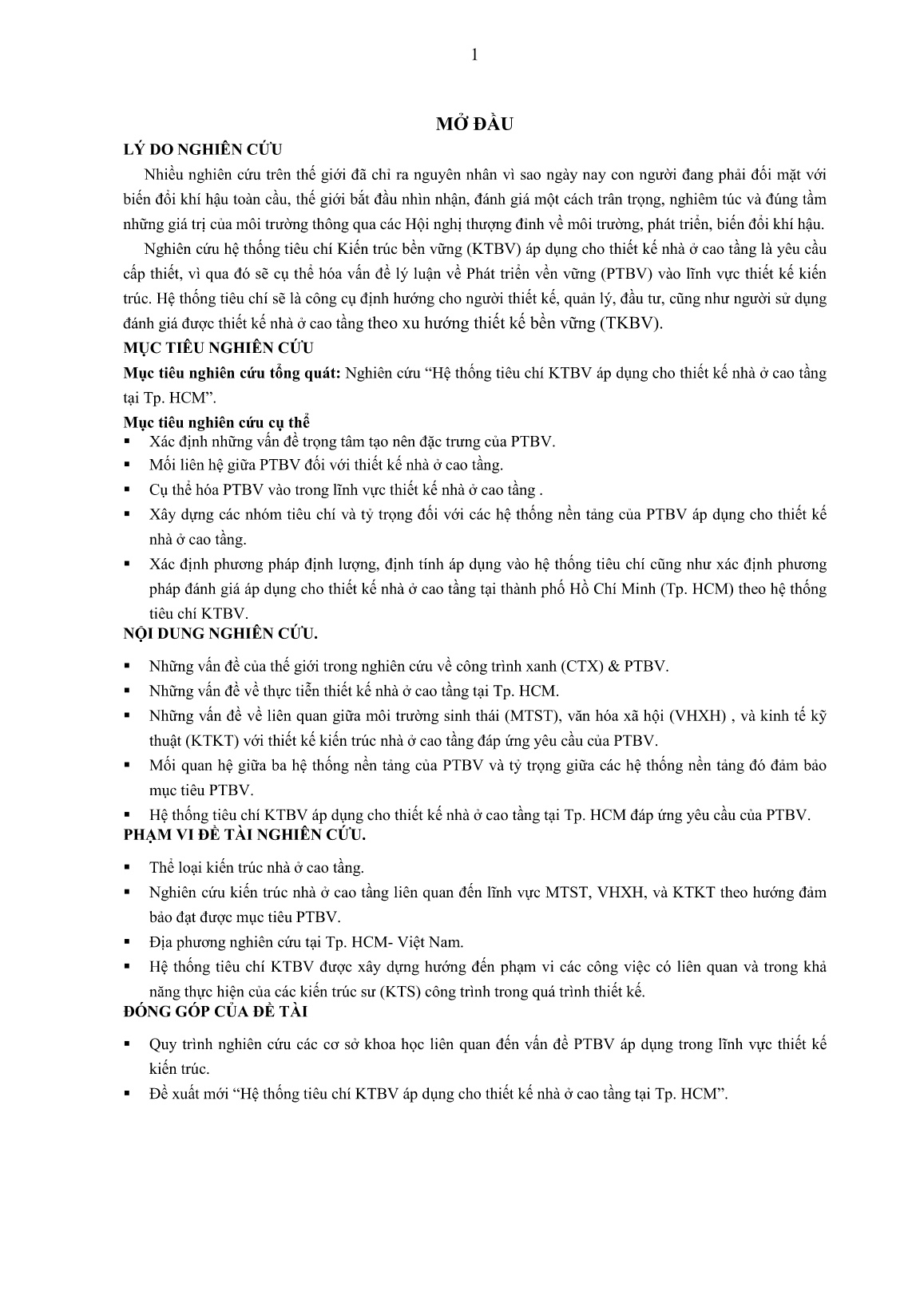 Tóm tắt Luận án Nghiên cứu hệ thống tiêu chí KTBV áp dụng cho thiết kế nhà ở cao tầng tại Tp.HCM trang 1
