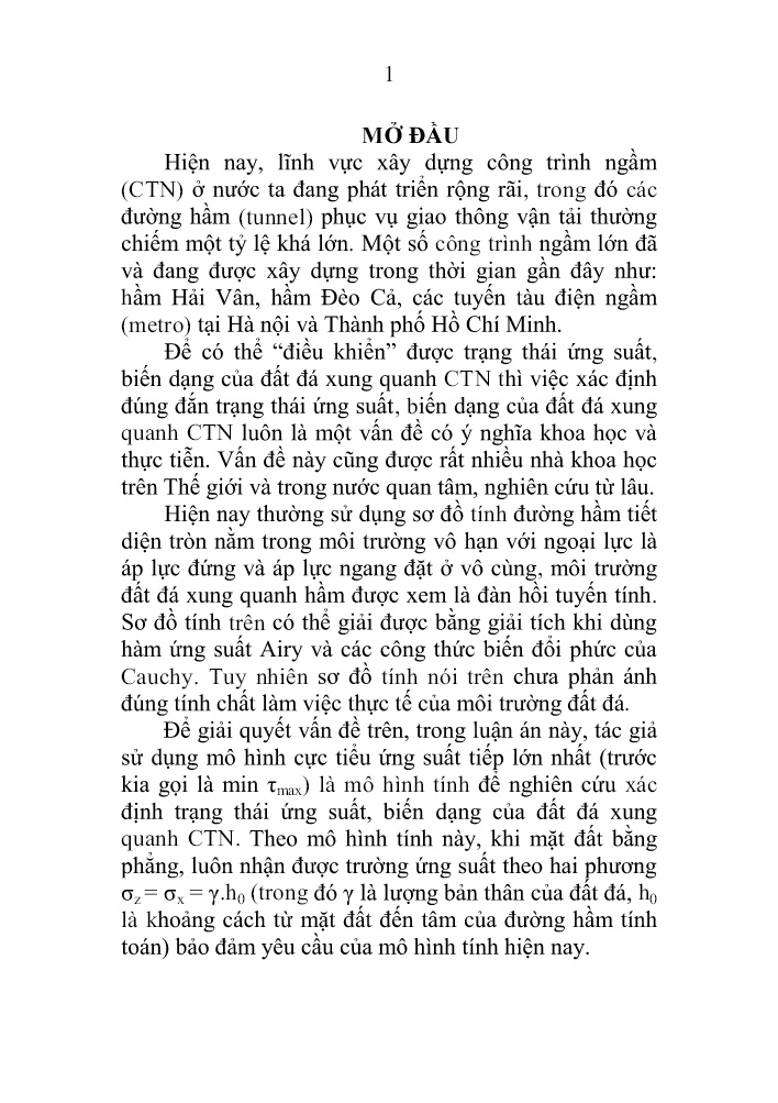 Tóm tắt Luận án Nghiên cứu xác định trạng thái ứng suất ban đầu của đất đá và sự thay đổi của trạng thái ứng suất này khi có CTN trang 1