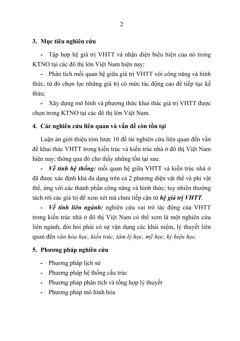 Tóm tắt Luận án Đặc trưng khai thác văn hóa truyền thống trong kiến trúc nhà ở tại các đô thị lớn Việt Nam trang 4