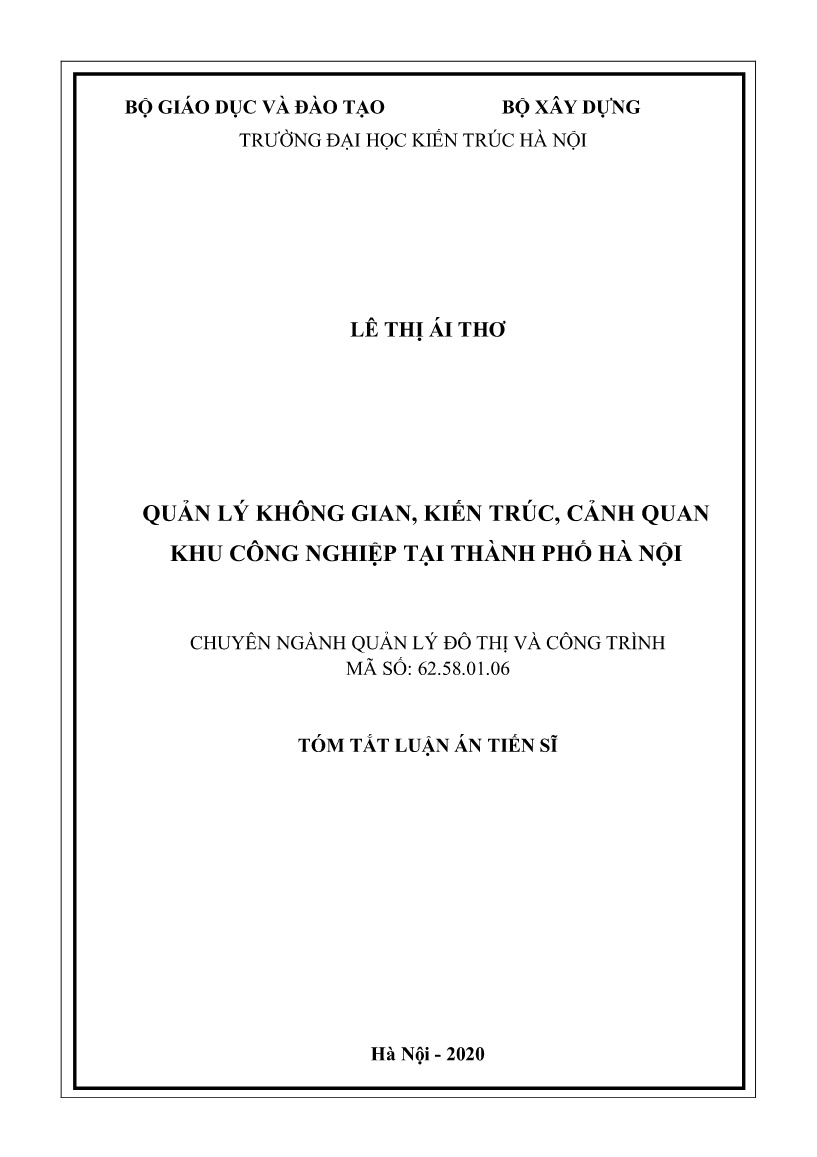 Tóm tắt Luận án Quản lý không gian, kiến trúc, cảnh quan khu công nghiệp tại Thành phố Hà Nội trang 1