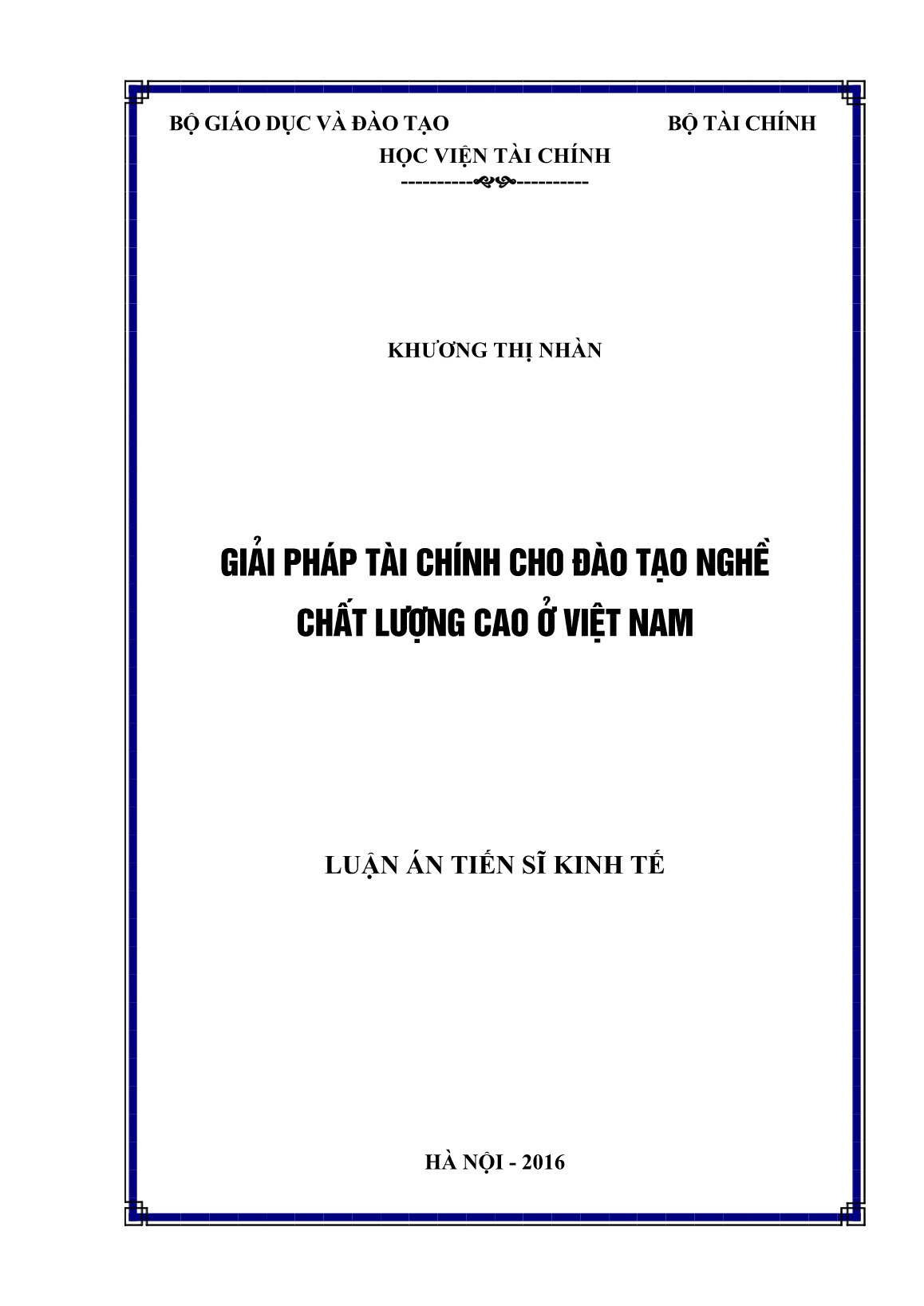 Luận án Giải pháp tài chính cho đào tạo nghề chất lượng cao ở Việt Nam trang 1