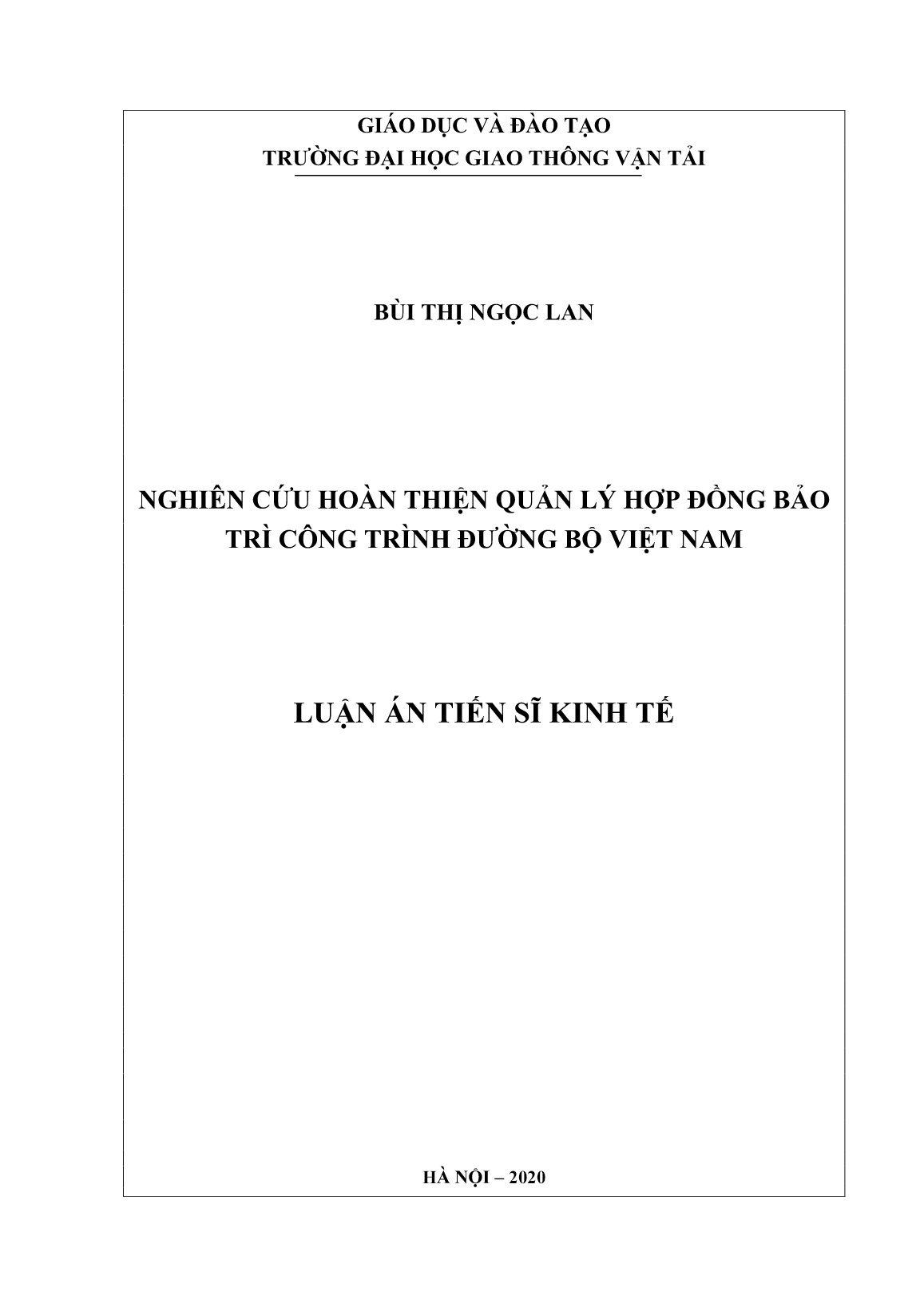 Luận án Nghiên cứu hoàn thiện quản lý hợp đồng bảo trì công trình đường bộ Việt Nam trang 1