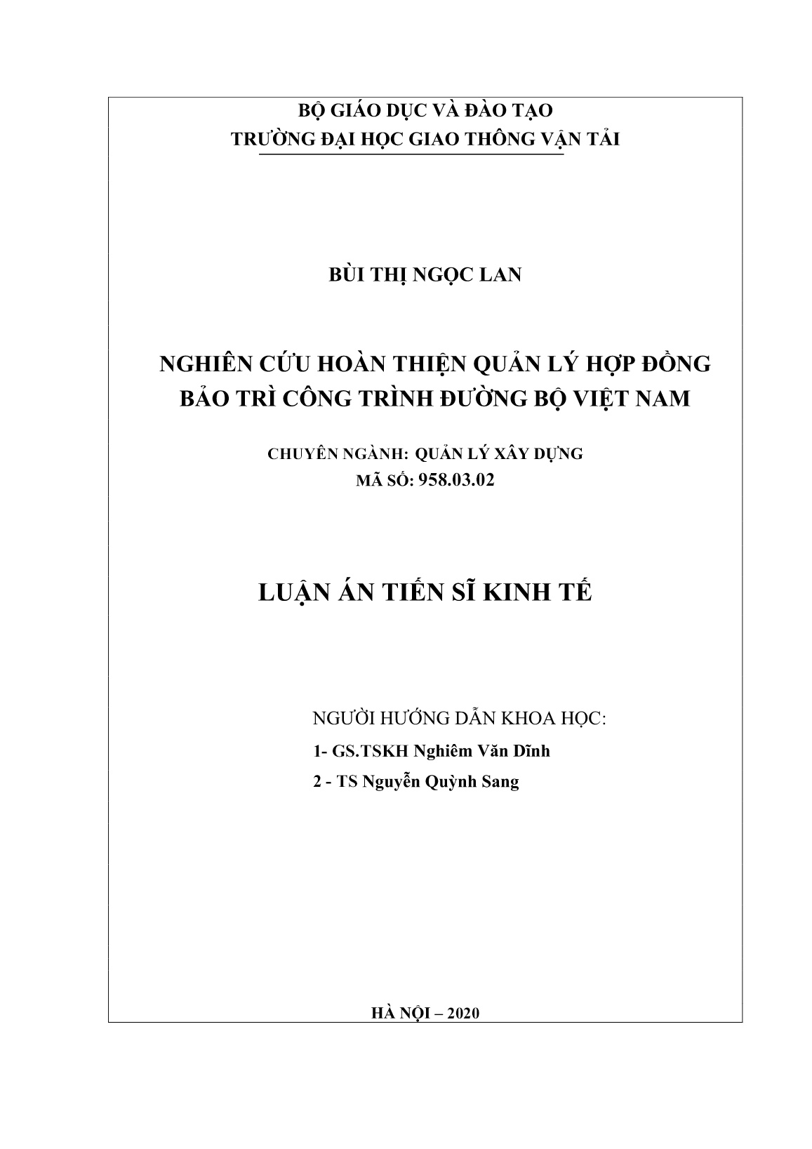 Luận án Nghiên cứu hoàn thiện quản lý hợp đồng bảo trì công trình đường bộ Việt Nam trang 2