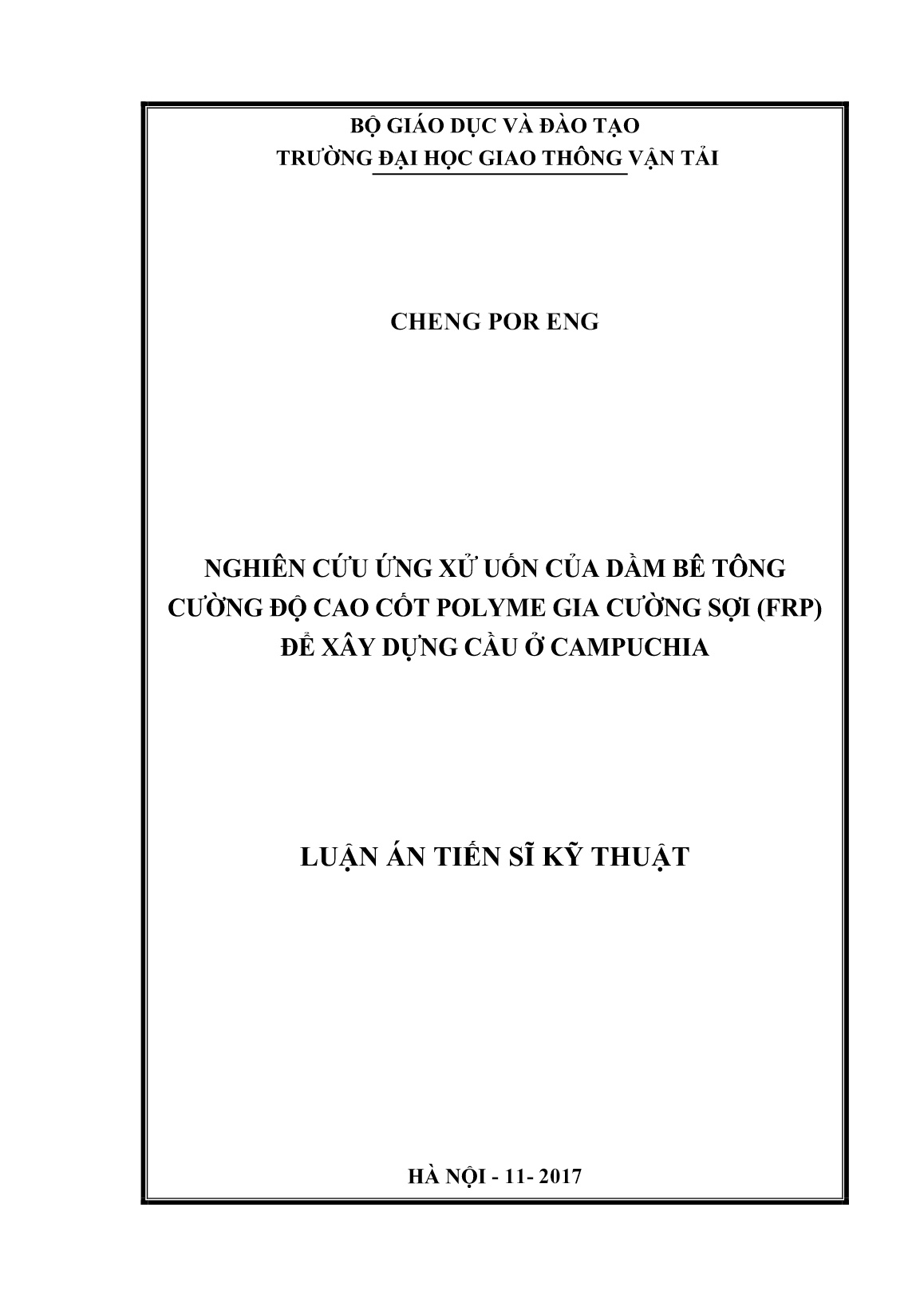 Luận án Nghiên cứu ứng xử uốn của dầm bê tông cường độ cao cốt polyme gia cường sợi (FRP) để xây dựng cầu ở Campuchia trang 1