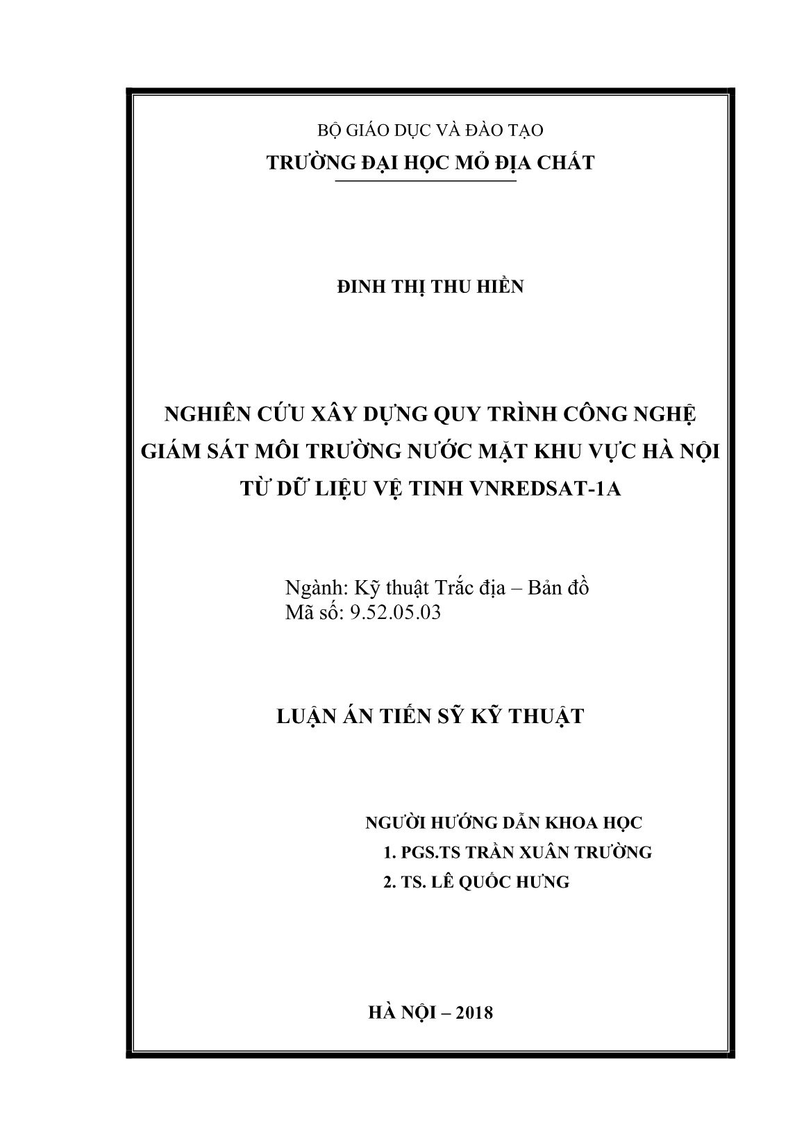 Luận án Nghiên cứu xây dựng quy trình công nghệ giám sát môi trường nước mặt khu vực Hà Nội từ dữ liệu ảnh vệ tinh VNREDSat-1A trang 2