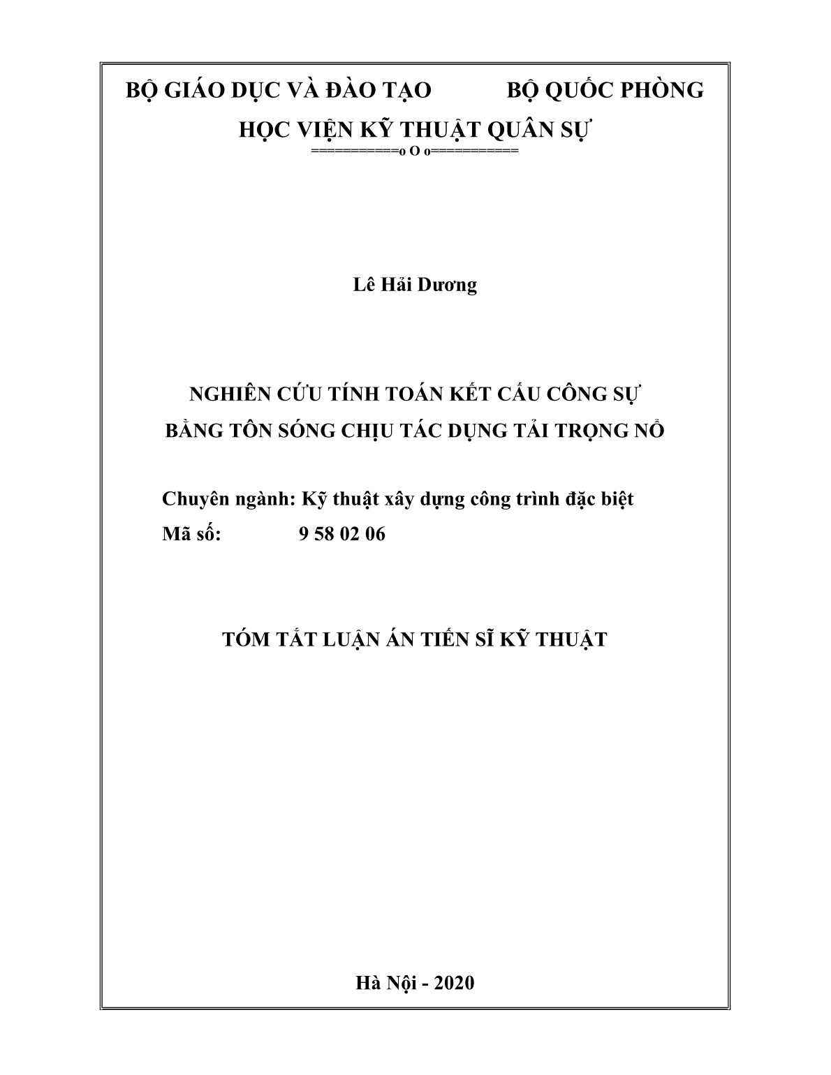 Tóm tắt Luận án Nghiên cứu tính toán kết cấu công sự bằng tôn sóng chịu tác dụng tải trọng nổ trang 1