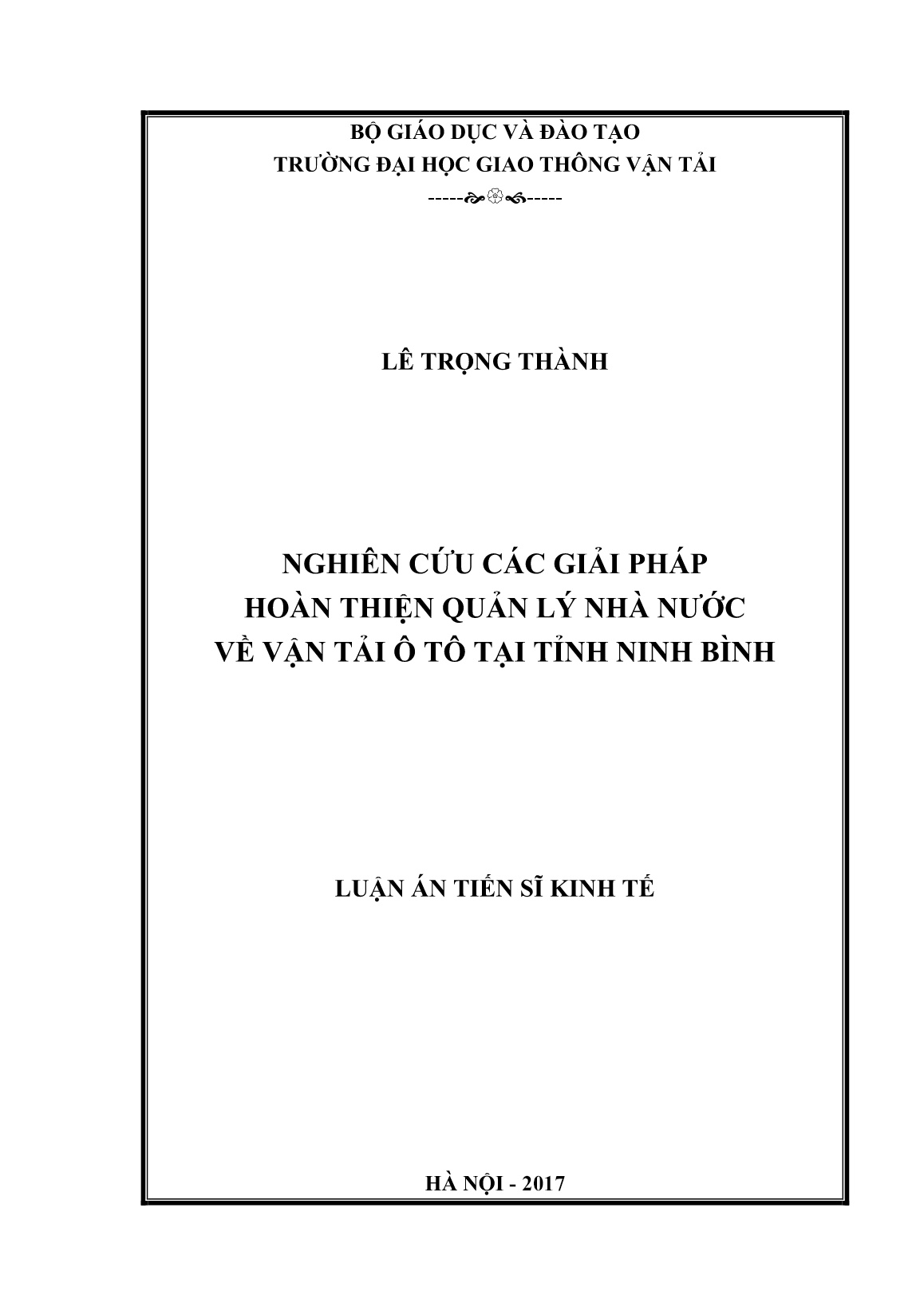 Luận án Nghiên cứu các giải pháp hoàn thiện quản lý nhà nước về vận tải ô tô tại tỉnh Ninh Bình trang 1