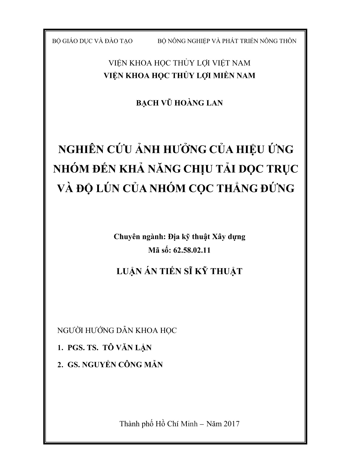 Luận án Nghiên cứu ảnh hưởng của hiệu ứng nhóm đến khả năng chịu tải dọc trục và độ lún của nhóm cọc thẳng đứng trang 1