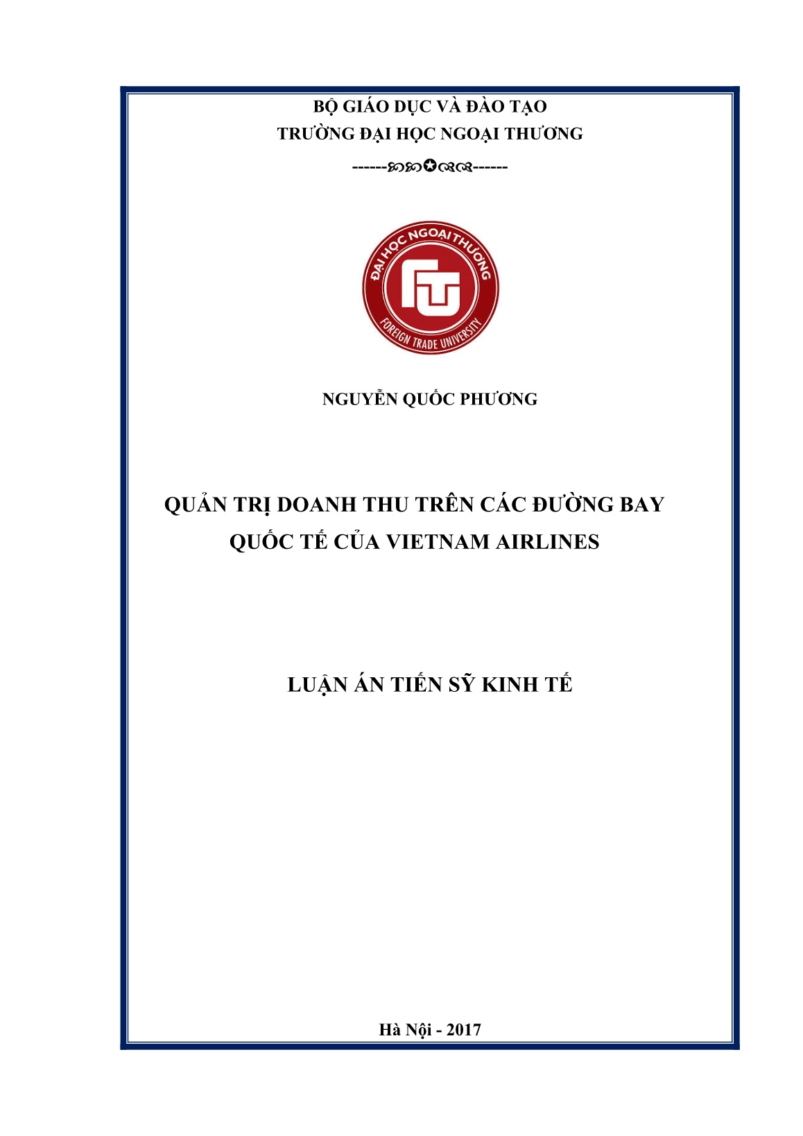 Luận án Quản trị doanh thu trên các đường bay quốc tế của Vietnam Airlines trang 1