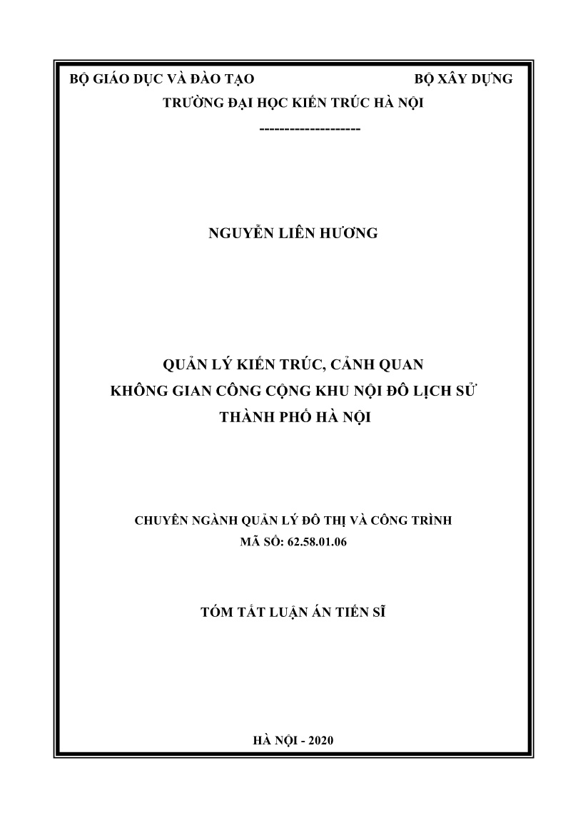 Tóm tắt Luận án Quản lý kiến trúc, cảnh quan không gian công cộng khu nội đô lịch sử Thành phố Hà Nội trang 1