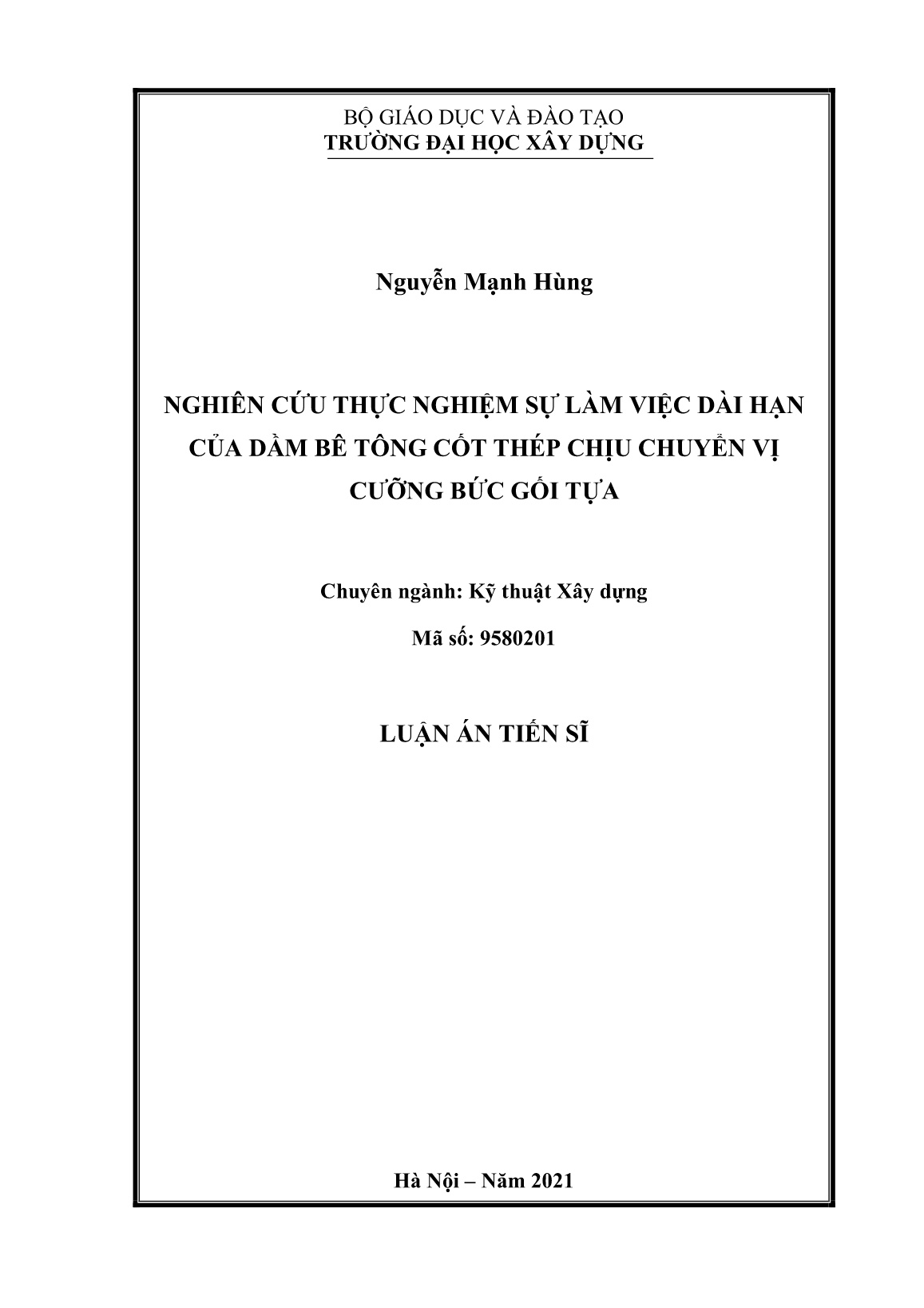 Luận án Nghiên cứu thực nghiệm sự làm việc dài hạn của dầm bê tông cốt thép chịu chuyển vị cưỡng bức gối tựa trang 1