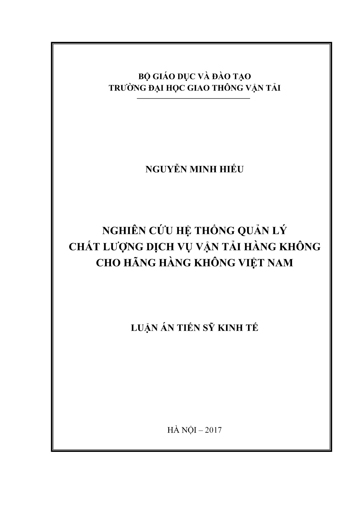 Luận án Nghiên cứu hệ thống quản lý chất lượng dịch vụ vận tải hàng không cho hãng hàng không Việt Nam trang 1