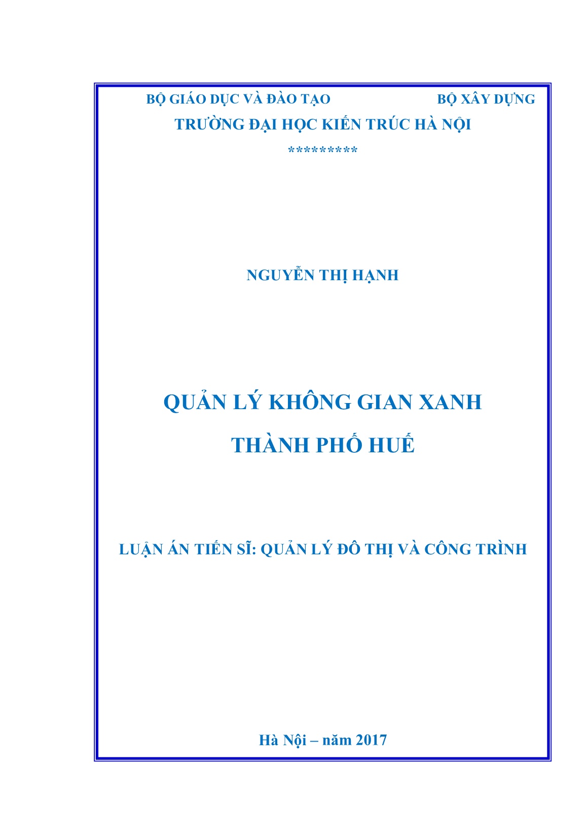 Luận án Quản lý không gian xanh thành phố Huế trang 1