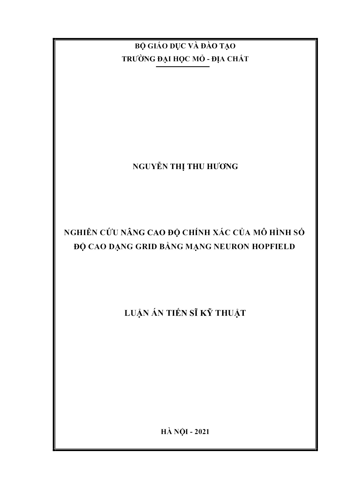 Luận án Nghiên cứu nâng cao độ chính xác của mô hình số độ cao dạng Grid bằng mạng Neuron Hopfield trang 1