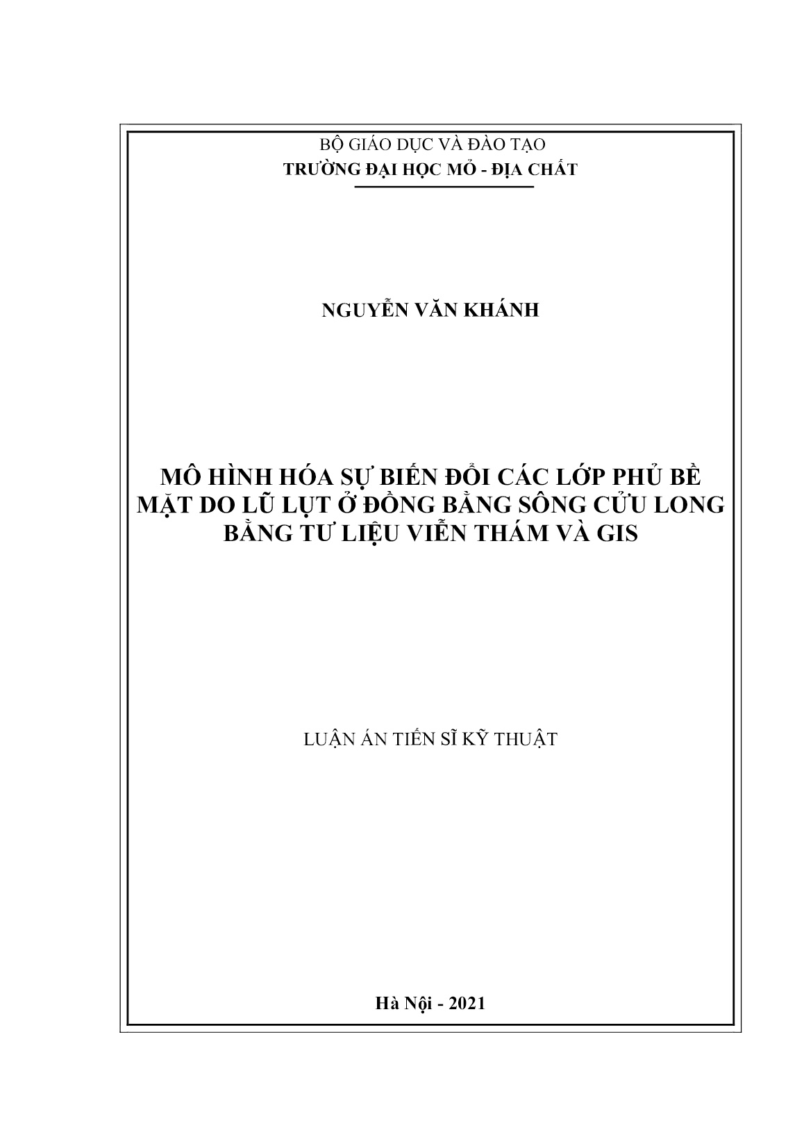 Luận án Mô hình hóa sự biến đổi các lớp phủ bề mặt do lũ lụt ở Đồng bằng sông Cửu Long bằng tư liệu viễn thám và GIS trang 1