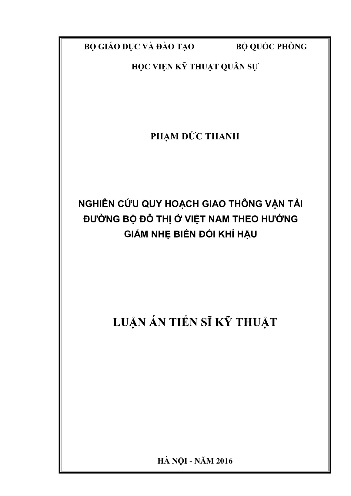 Luận án Nghiên cứu quy hoạch giao thông vận tải đường bộ đô thị ở Việt Nam theo hướng giảm nhẹ biến đổi khí hậu trang 1