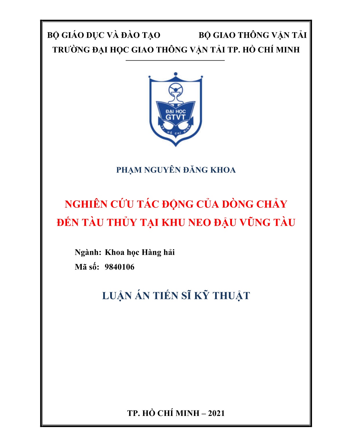 Luận án Nghiên cứu tác động của dòng chảy đến tàu thủy tại khu neo đậu Vũng Tàu trang 1