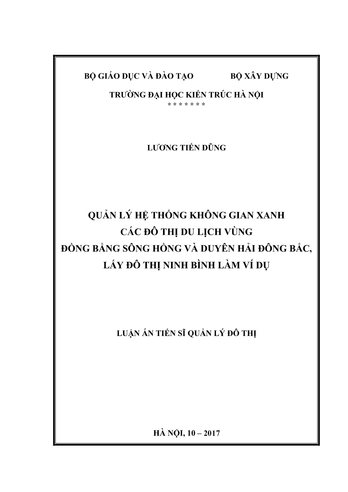 Luận án Quản lý hệ thống không gian xanh các đô thị du lịch vùng đồng bằng sông Hồng và Duyên hải Đông Bắc, lấy đô thị Ninh Bình làm ví dụ trang 1