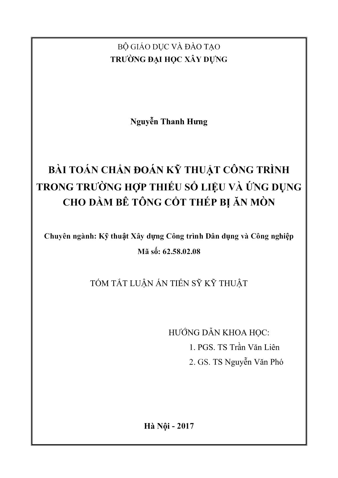 Tóm tắt Luận án Bài toán chẩn đoán kỹ thuật công trình trong trường hợp thiếu số liệu và ứng dụng cho dầm bê tông cốt thép bị ăn mòn trang 1