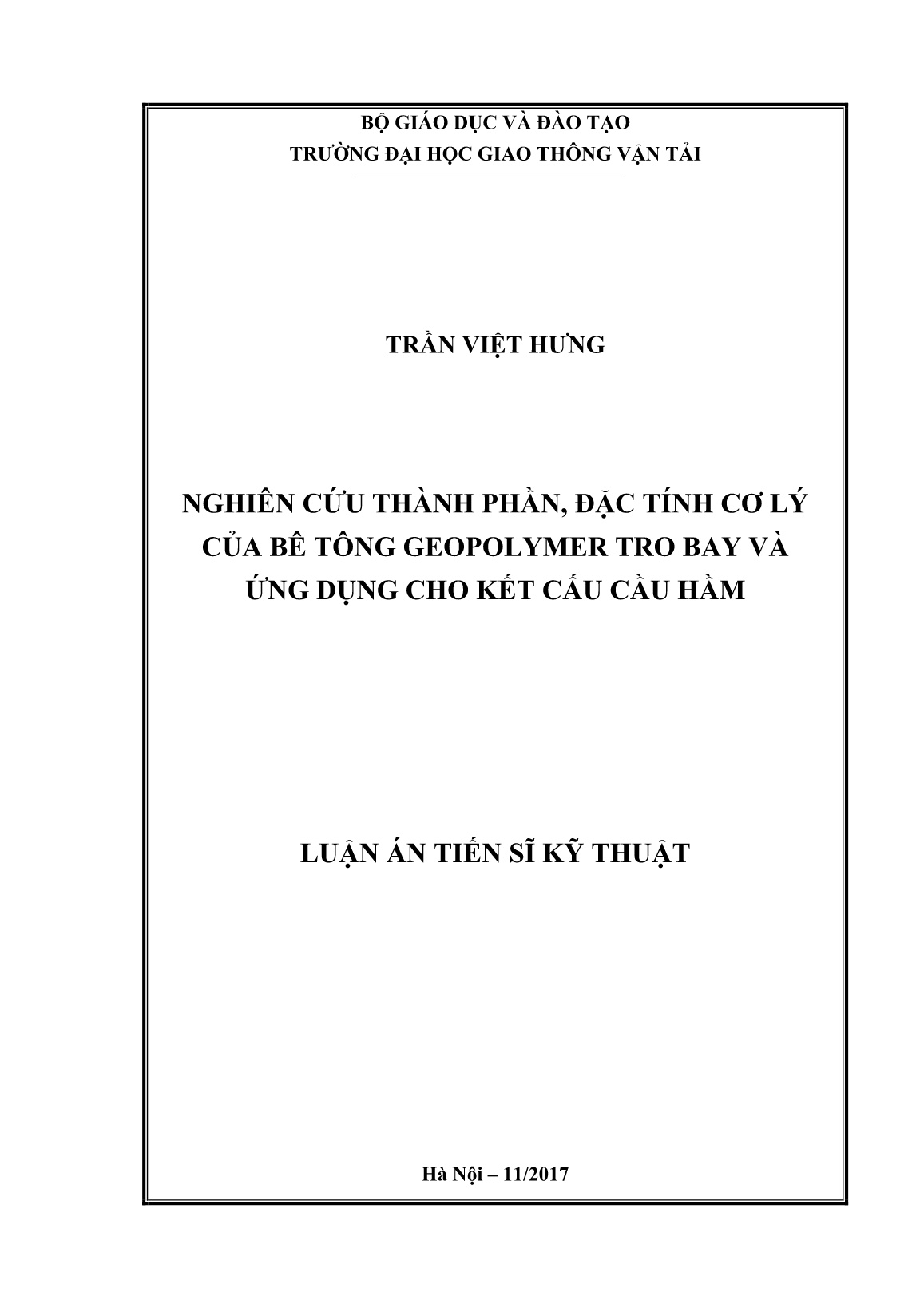 Luận án Nghiên cứu thành phần, đặc tính cơ lý của bê tông geopolymer tro bay và ứng dụng cho kết cấu Cầu hầm trang 1