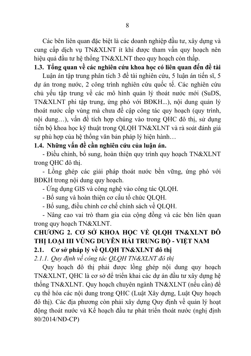 Tóm tắt Luận án Quản lý quy hoạch thoát nước và xử lý nước thải tại các đô thị loại III vùng Duyên hải Trung Bộ Việt Nam trang 10