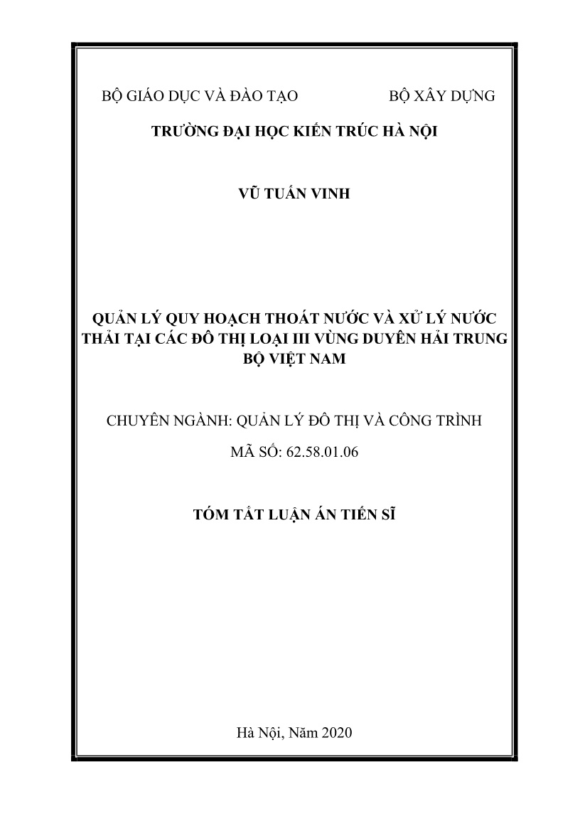 Tóm tắt Luận án Quản lý quy hoạch thoát nước và xử lý nước thải tại các đô thị loại III vùng Duyên hải Trung Bộ Việt Nam trang 1