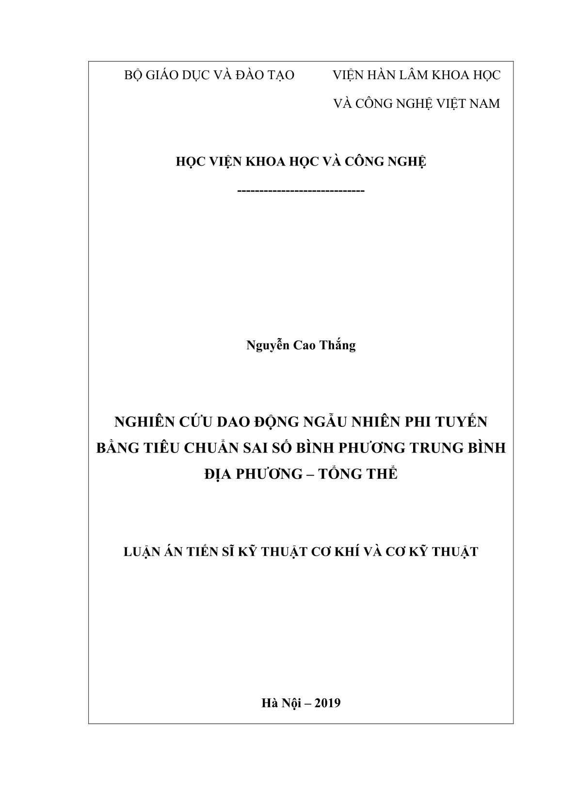 Luận án Nghiên cứu dao động ngẫu nhiên phi tuyến bằng tiêu chuẩn sai số bình phương trung bình địa phương – tổng thể trang 1