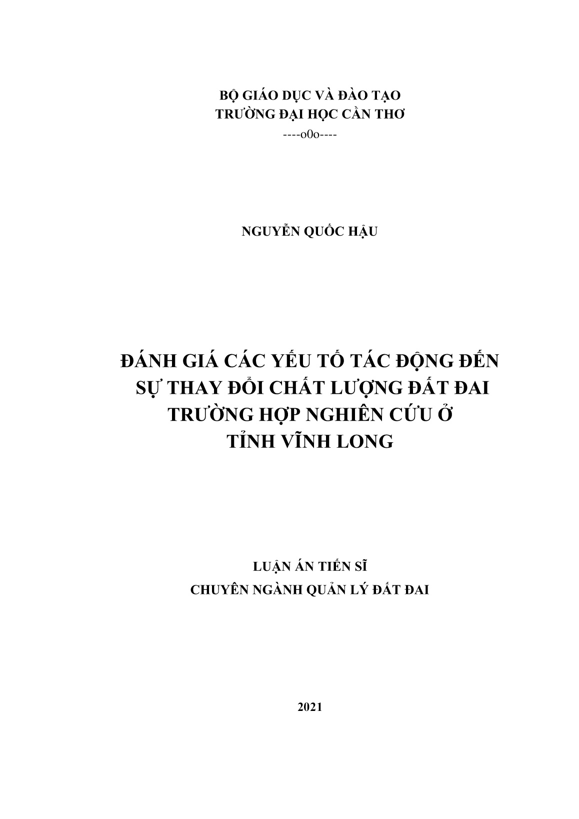 Luận án Đánh giá các yếu tố tác động đến sự thay đổi chất lượng đất đai trường hợp nghiên cứu ở tỉnh Vĩnh Long trang 1