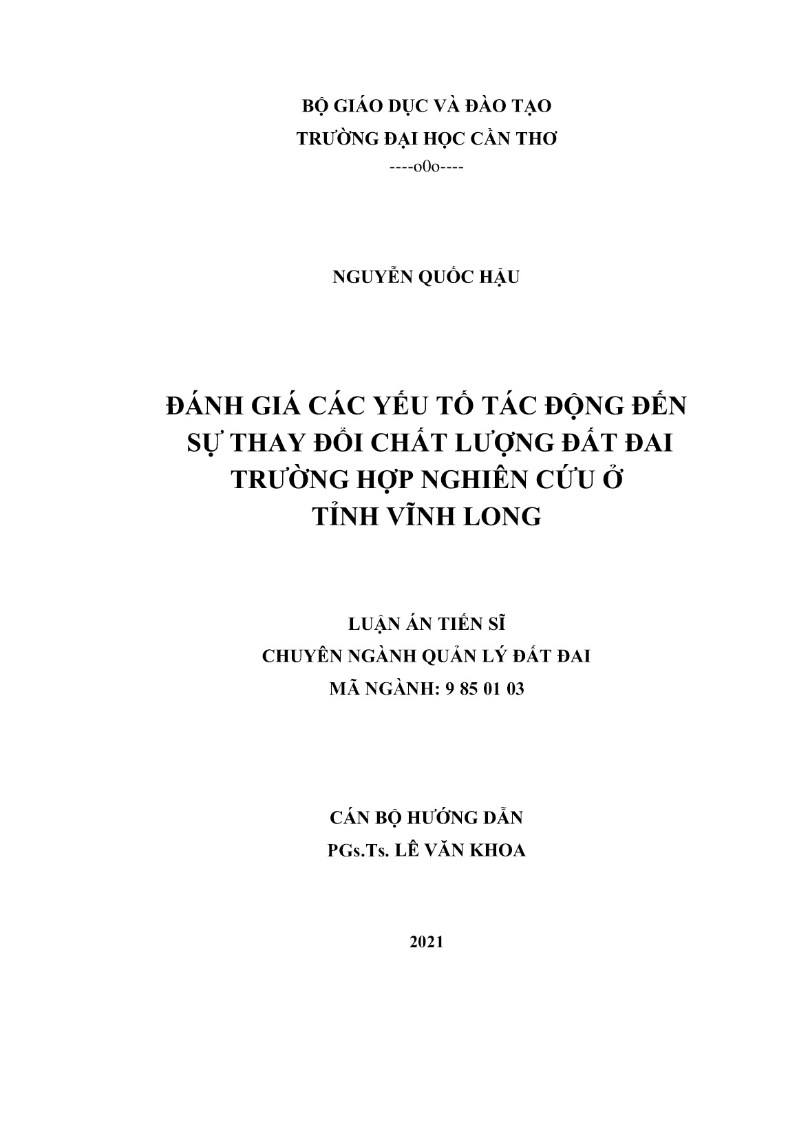 Luận án Đánh giá các yếu tố tác động đến sự thay đổi chất lượng đất đai trường hợp nghiên cứu ở tỉnh Vĩnh Long trang 2