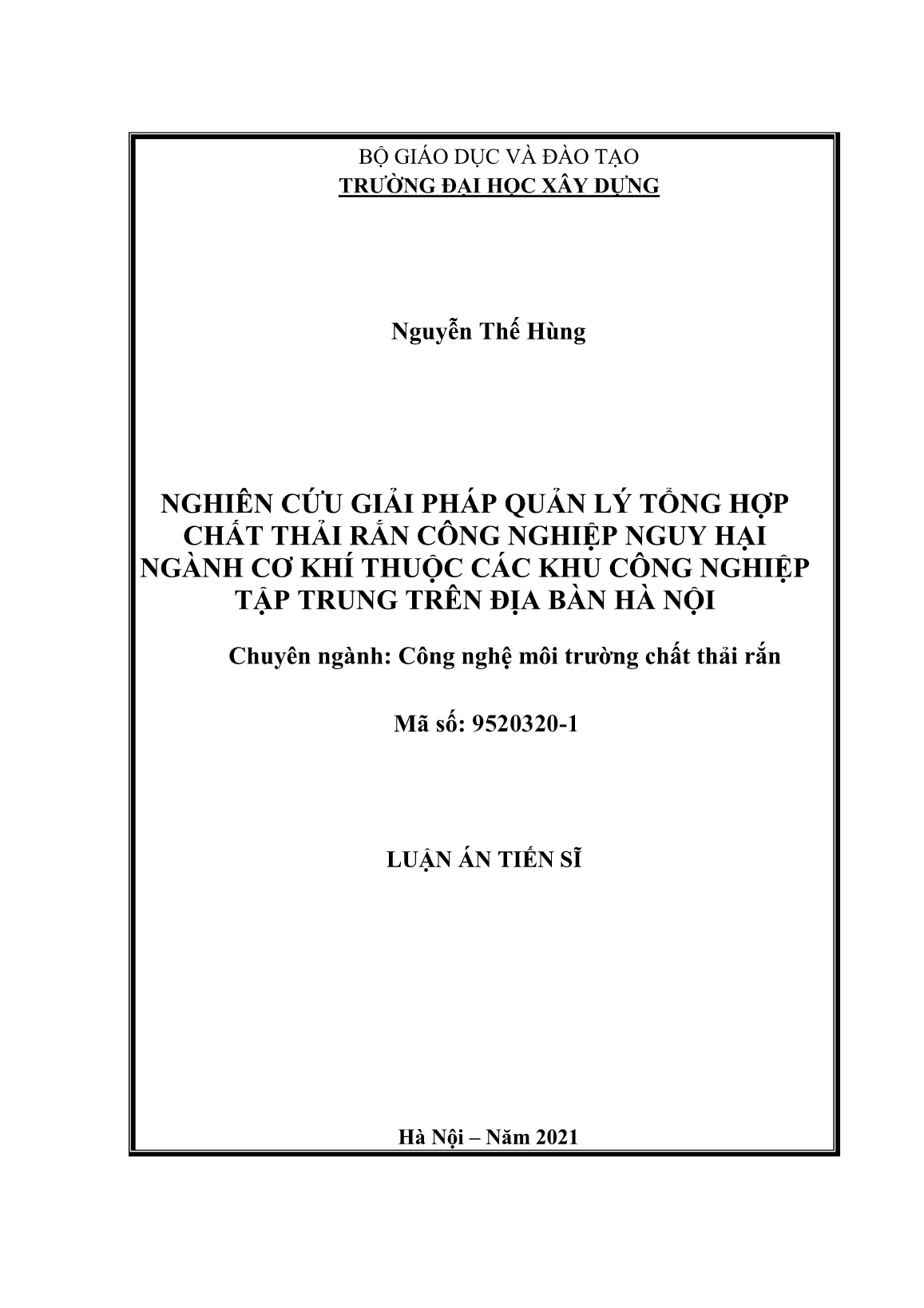Luận án Nghiên cứu giải pháp quản lý tổng hợp chất thải rắn công nghiệp nguy hại ngành cơ khí thuộc các khu công nghiệp tập trung trên địa bàn Hà Nội trang 1