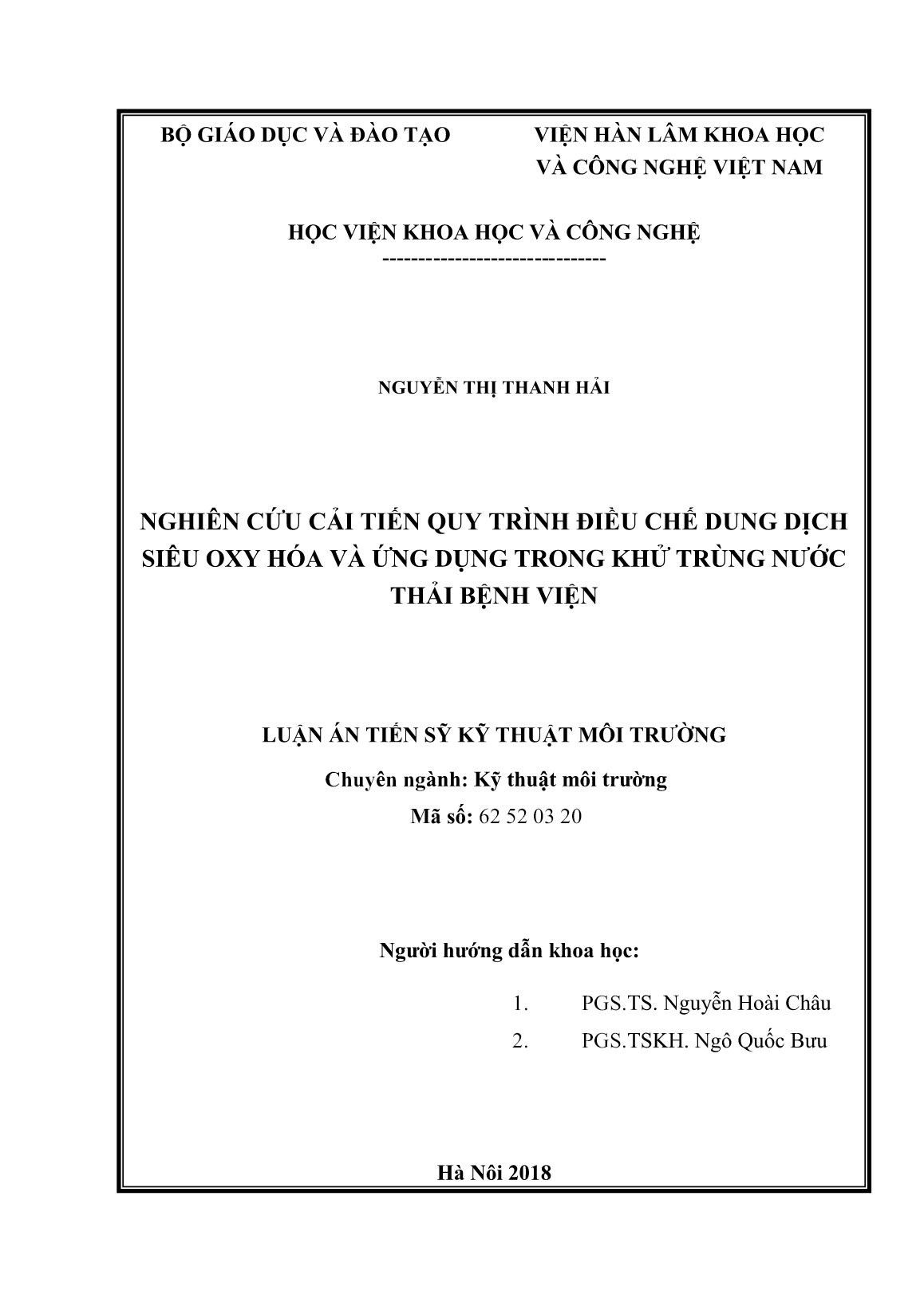 Luận án Nghiên cứu cải tiến quy trình điều chế dung dịch siêu oxy hóa và ứng dụng trong khử trùng nước thải bệnh viện trang 2 Luận án Nghiên cứu cải tiến quy trình điều chế dung dịch siêu oxy hóa và ứng dụng trong khử trùng nước thải bệnh viện trang 2