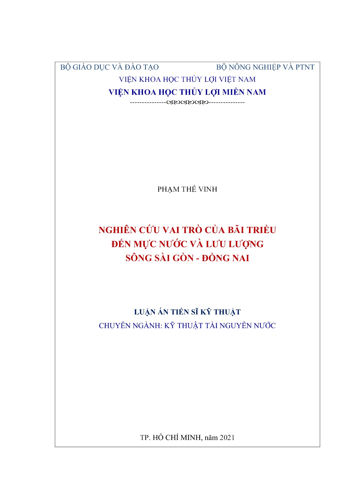 Luận án Nghiên cứu vai trò của bãi triều đến mực nước và lưu lượng sông Sài Gòn - Đồng Nai trang 1 Luận án Nghiên cứu vai trò của bãi triều đến mực nước và lưu lượng sông Sài Gòn - Đồng Nai trang 1