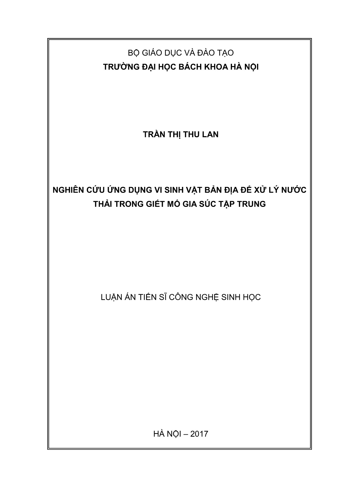 Luận án Nghiên cứu ứng dụng vi sinh vật bản địa để xử lý nước thải trong giết mổ gia súc tập trung trang 1 Luận án Nghiên cứu ứng dụng vi sinh vật bản địa để xử lý nước thải trong giết mổ gia súc tập trung trang 1
