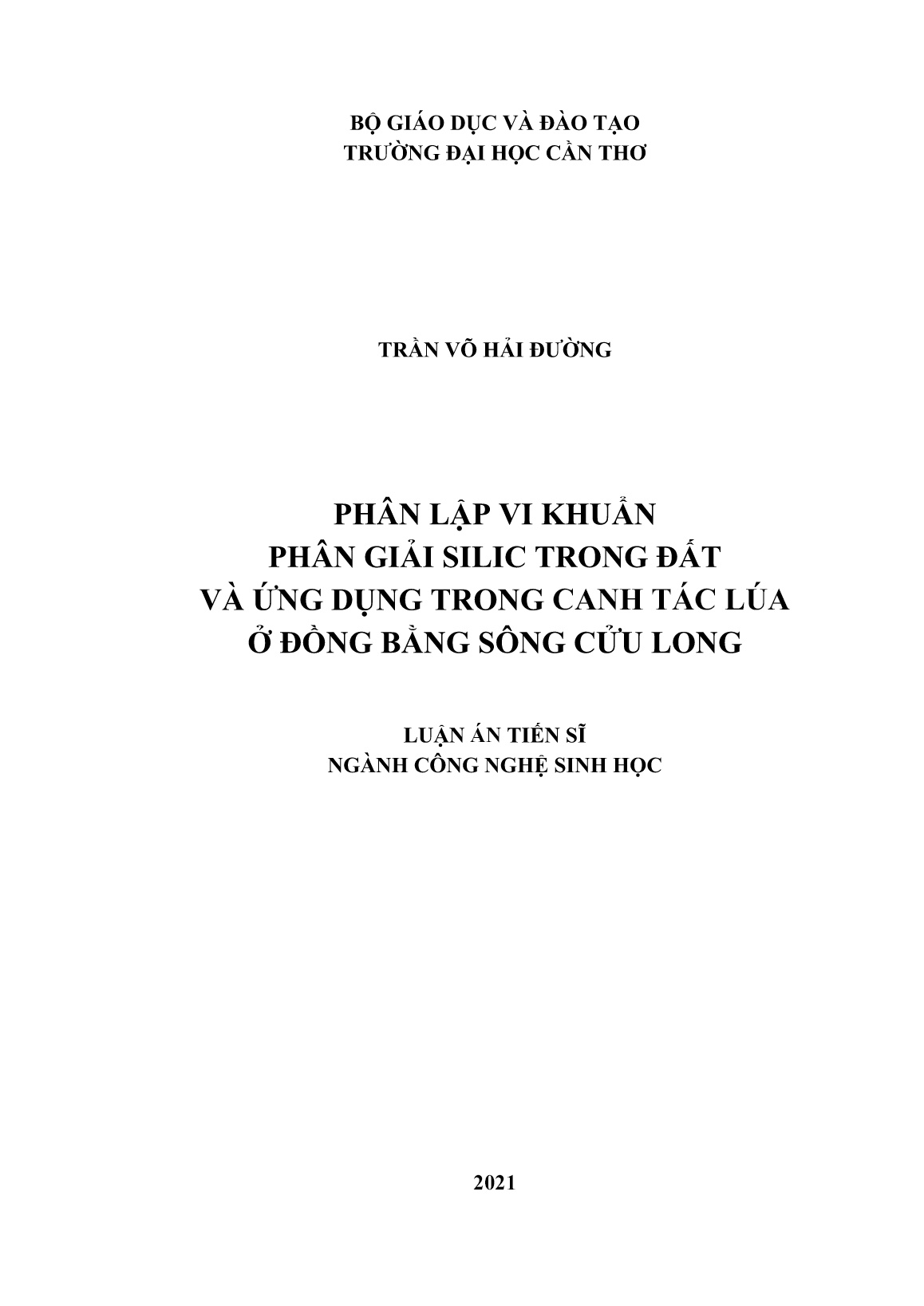 Luận án Phân lập vi khuẩn phân giải Silic trong đất và ứng dụng trong canh tác lúa ở đồng bằng sông Cửu Long trang 1