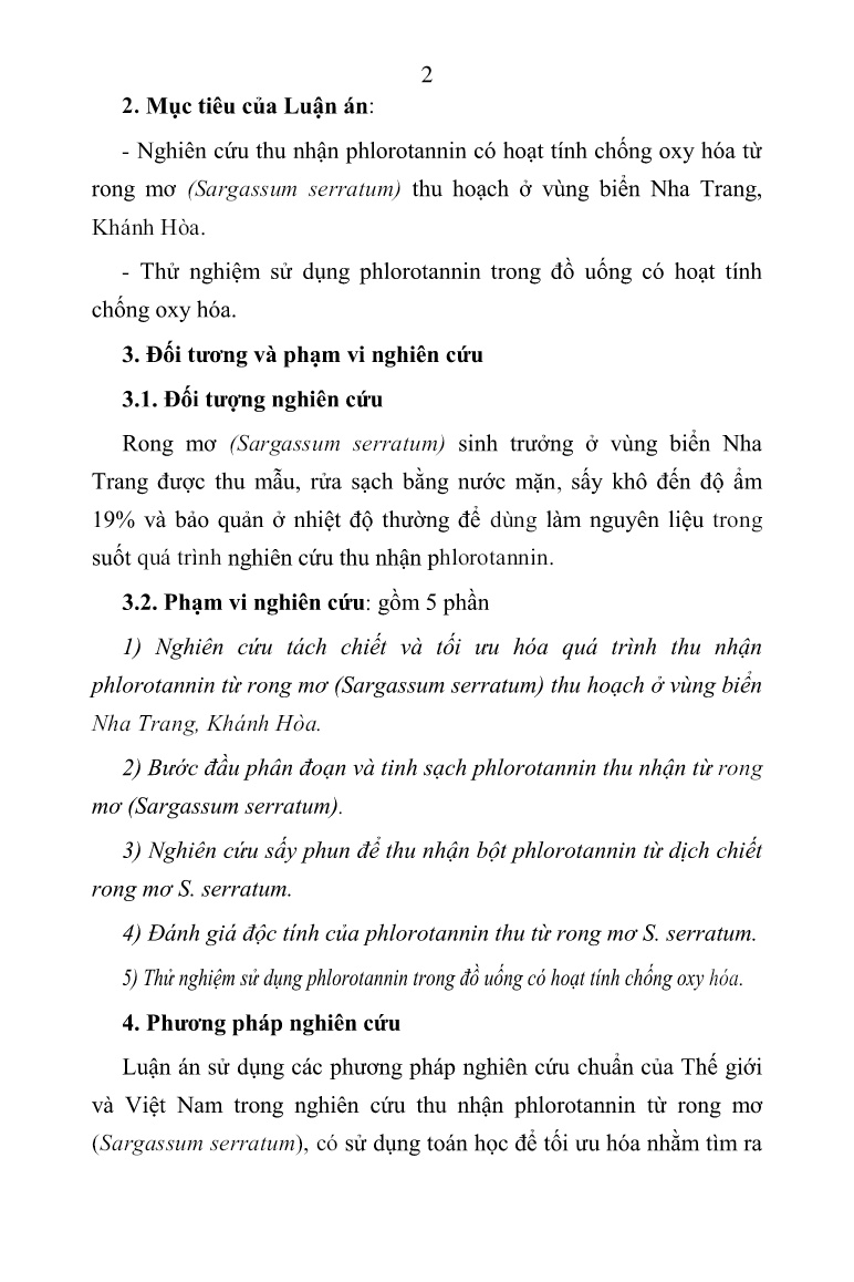 Tóm tắt Luận án Nghiên cứu thu nhận phlorotannin từ rong mơ (sargassum serratum) tại Nha Trang và thử nghiệm sử dụng trong đồ uống có hoạt tính chống oxy hóa trang 4