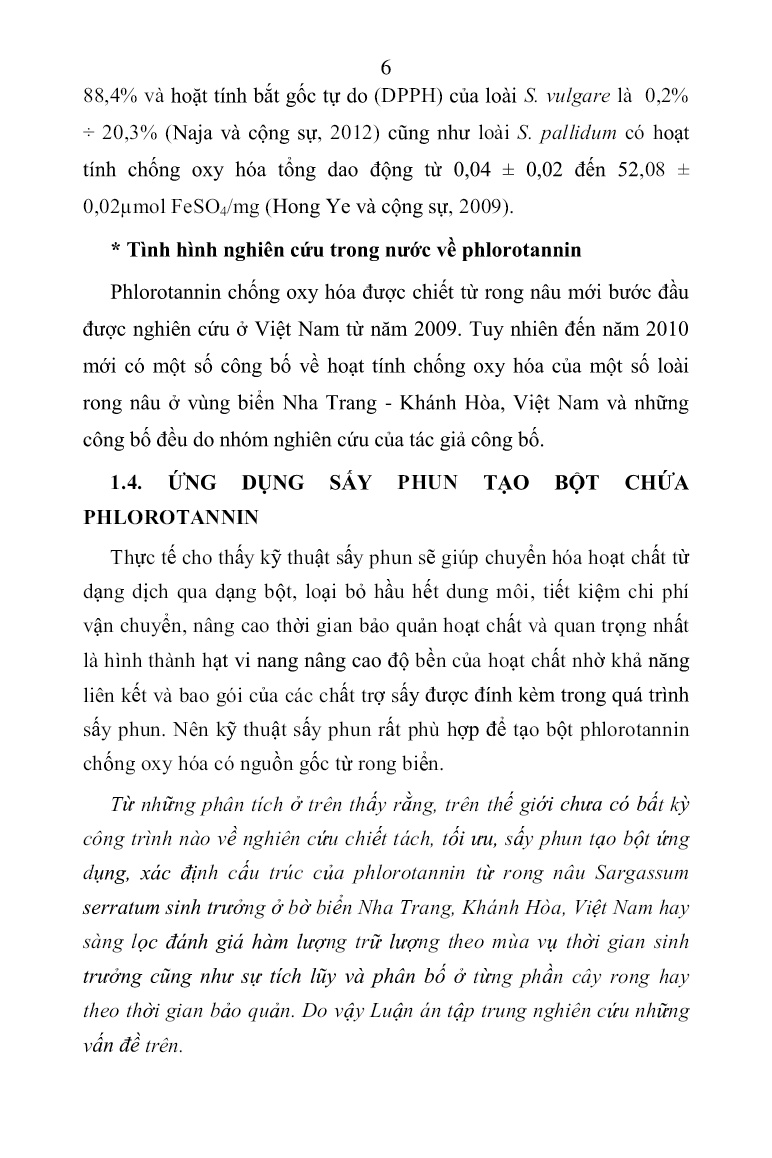 Tóm tắt Luận án Nghiên cứu thu nhận phlorotannin từ rong mơ (sargassum serratum) tại Nha Trang và thử nghiệm sử dụng trong đồ uống có hoạt tính chống oxy hóa trang 8