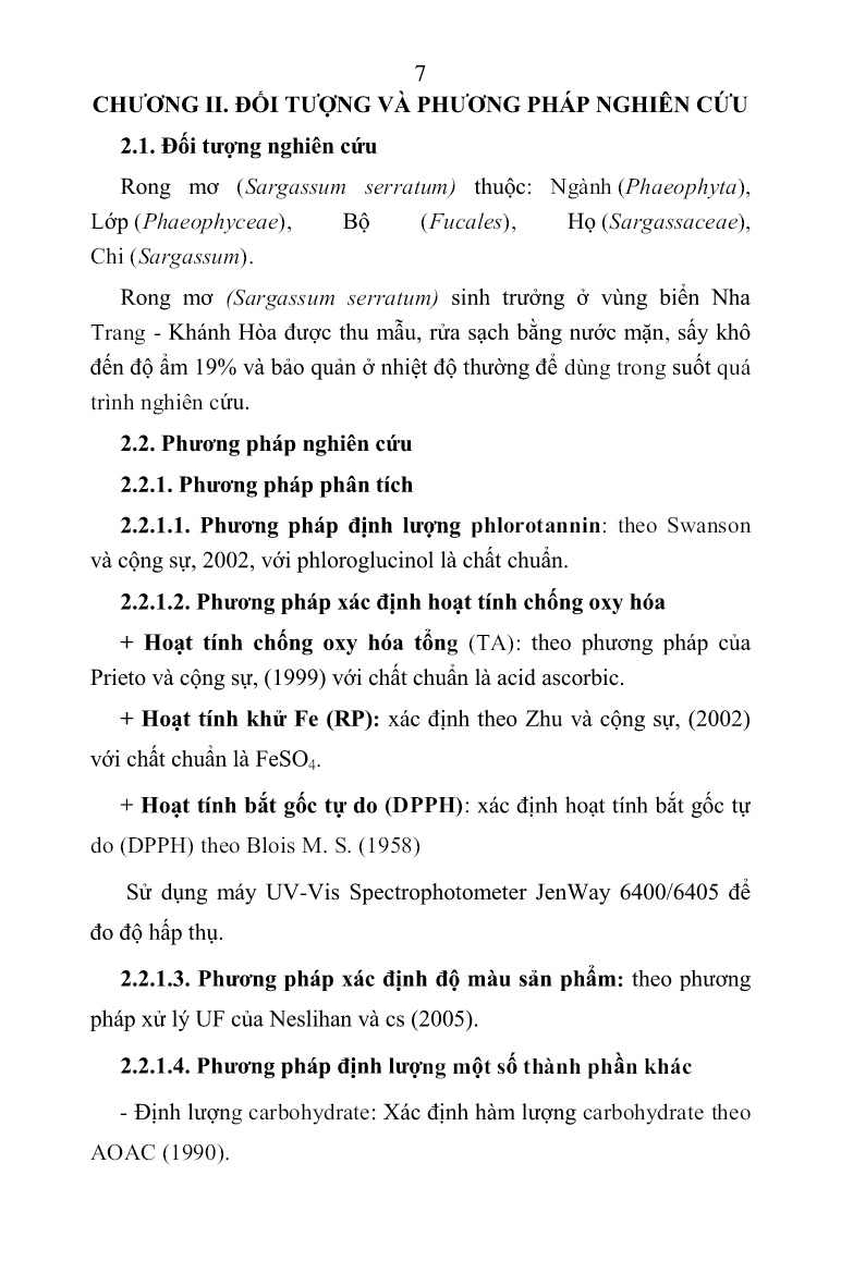 Tóm tắt Luận án Nghiên cứu thu nhận phlorotannin từ rong mơ (sargassum serratum) tại Nha Trang và thử nghiệm sử dụng trong đồ uống có hoạt tính chống oxy hóa trang 9