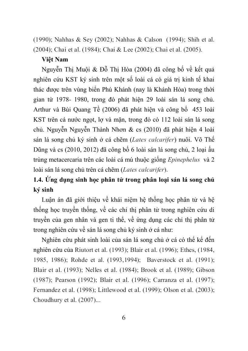Tóm tắt Luận án Nghiên cứu thành phần loài sán lá song chủ (digenea) ký sinh ở cá chẽm (lates calcarifer bloch, 1790) nuôi tại Khánh Hòa trang 10 Tóm tắt Luận án Nghiên cứu thành phần loài sán lá song chủ (digenea) ký sinh ở cá chẽm (lates calcarifer bloch, 1790) nuôi tại Khánh Hòa trang 10