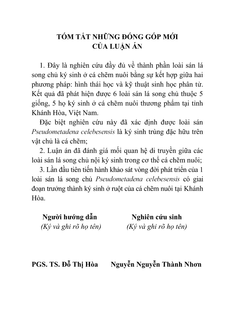 Tóm tắt Luận án Nghiên cứu thành phần loài sán lá song chủ (digenea) ký sinh ở cá chẽm (lates calcarifer bloch, 1790) nuôi tại Khánh Hòa trang 3 Tóm tắt Luận án Nghiên cứu thành phần loài sán lá song chủ (digenea) ký sinh ở cá chẽm (lates calcarifer bloch, 1790) nuôi tại Khánh Hòa trang 3