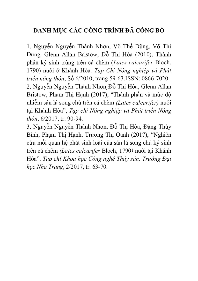 Tóm tắt Luận án Nghiên cứu thành phần loài sán lá song chủ (digenea) ký sinh ở cá chẽm (lates calcarifer bloch, 1790) nuôi tại Khánh Hòa trang 4 Tóm tắt Luận án Nghiên cứu thành phần loài sán lá song chủ (digenea) ký sinh ở cá chẽm (lates calcarifer bloch, 1790) nuôi tại Khánh Hòa trang 4