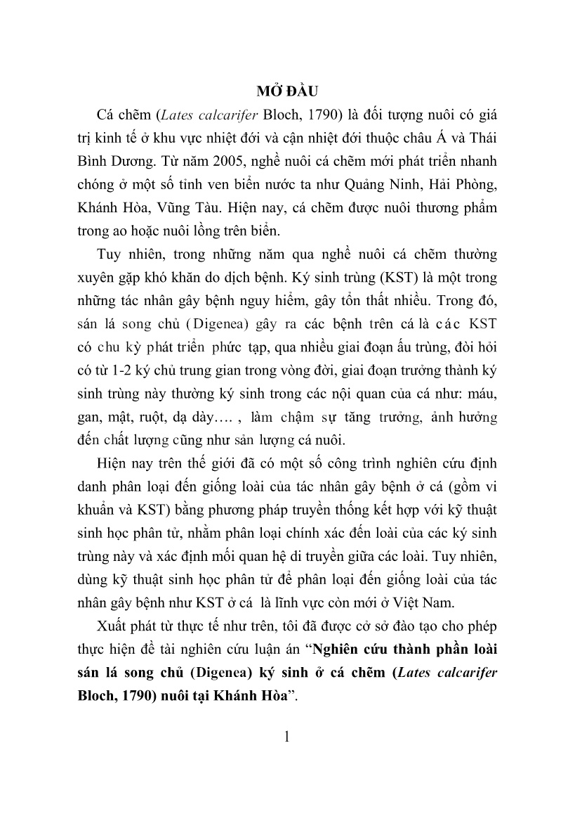 Tóm tắt Luận án Nghiên cứu thành phần loài sán lá song chủ (digenea) ký sinh ở cá chẽm (lates calcarifer bloch, 1790) nuôi tại Khánh Hòa trang 5 Tóm tắt Luận án Nghiên cứu thành phần loài sán lá song chủ (digenea) ký sinh ở cá chẽm (lates calcarifer bloch, 1790) nuôi tại Khánh Hòa trang 5