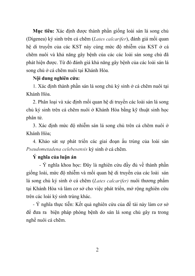 Tóm tắt Luận án Nghiên cứu thành phần loài sán lá song chủ (digenea) ký sinh ở cá chẽm (lates calcarifer bloch, 1790) nuôi tại Khánh Hòa trang 6 Tóm tắt Luận án Nghiên cứu thành phần loài sán lá song chủ (digenea) ký sinh ở cá chẽm (lates calcarifer bloch, 1790) nuôi tại Khánh Hòa trang 6