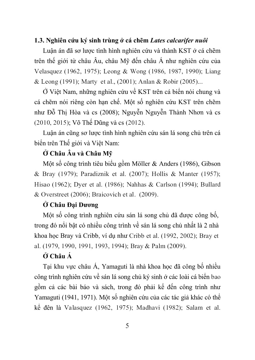 Tóm tắt Luận án Nghiên cứu thành phần loài sán lá song chủ (digenea) ký sinh ở cá chẽm (lates calcarifer bloch, 1790) nuôi tại Khánh Hòa trang 9 Tóm tắt Luận án Nghiên cứu thành phần loài sán lá song chủ (digenea) ký sinh ở cá chẽm (lates calcarifer bloch, 1790) nuôi tại Khánh Hòa trang 9