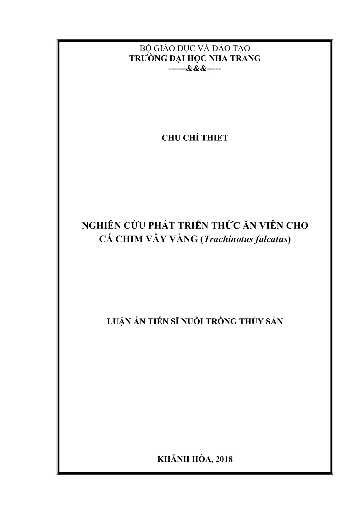 Luận án Nghiên cứu phát triển thức ăn viên cho cá chim vây vàng (Trachinotus falcatus) trang 1