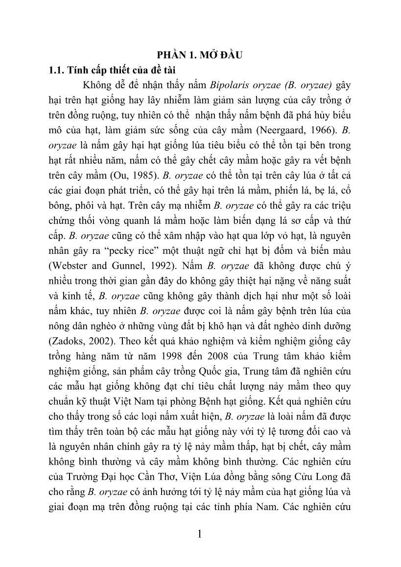Tóm tắt Luận án Nghiên cứu xác định khả năng xâm nhiễm, gây hại của nấm B. oryzae trên hạt giống lúa tại các tỉnh phía Bắc và ven biển miền Trung Việt Nam trang 1