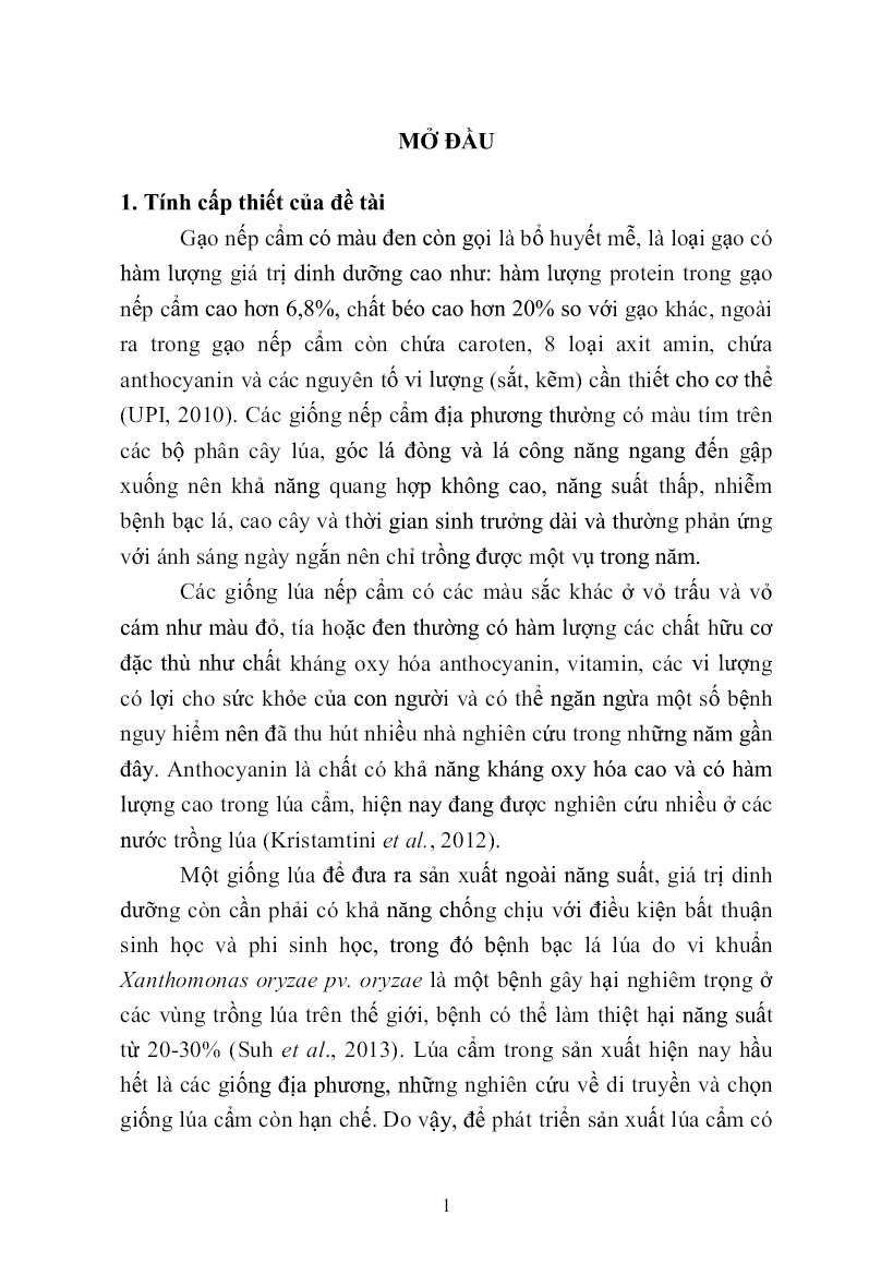 Tóm tắt Luận án Phát triển vật liệu lúa cẩm theo hướng tăng khả năng quang hợp và kháng bệnh bạc lá trang 3 Tóm tắt Luận án Phát triển vật liệu lúa cẩm theo hướng tăng khả năng quang hợp và kháng bệnh bạc lá trang 3