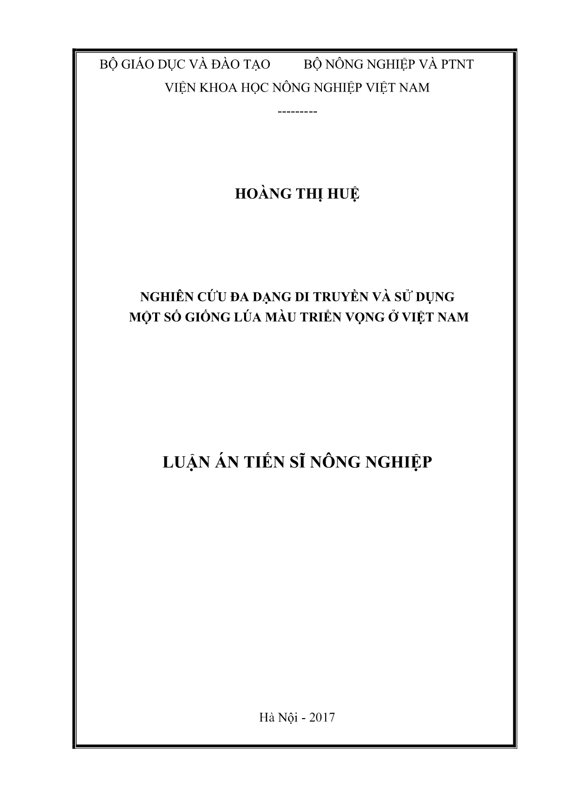Luận án Nghiên cứu đa dạng di truyền và sử dụng một số giống lúa màu triển vọng ở Việt Nam trang 1